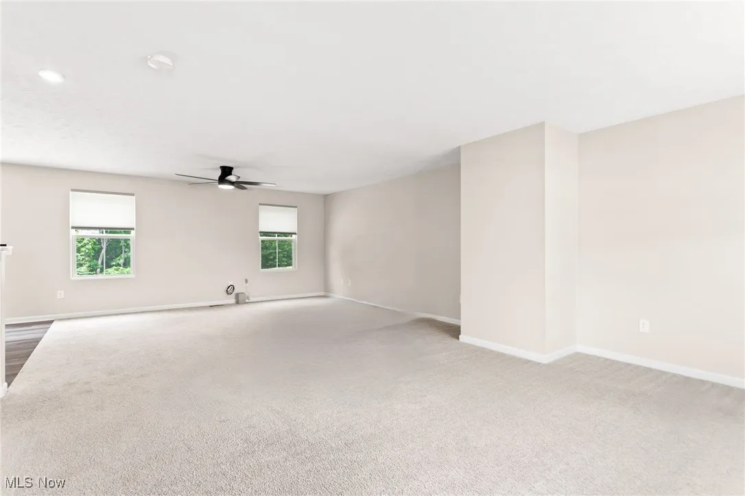 Unfurnished room with carpet, ceiling fan, and healthy amount of natural light