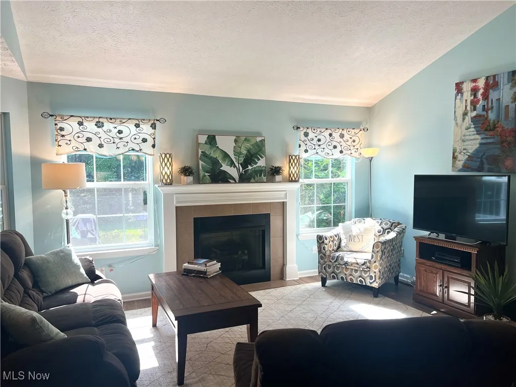 Living area with a textured ceiling, a fireplace, wood finished floors, and vaulted ceiling