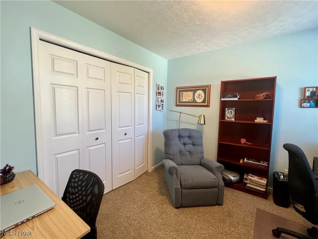 Home office with carpet floors and a textured ceiling