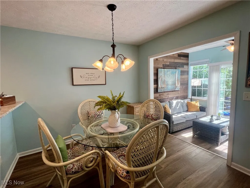 Dining room with a chandelier, wood finished floors, and ceiling fan