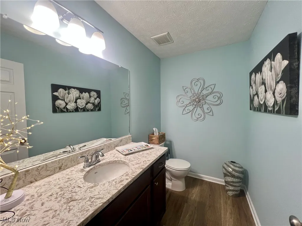 Bathroom with wood finished floors, vanity