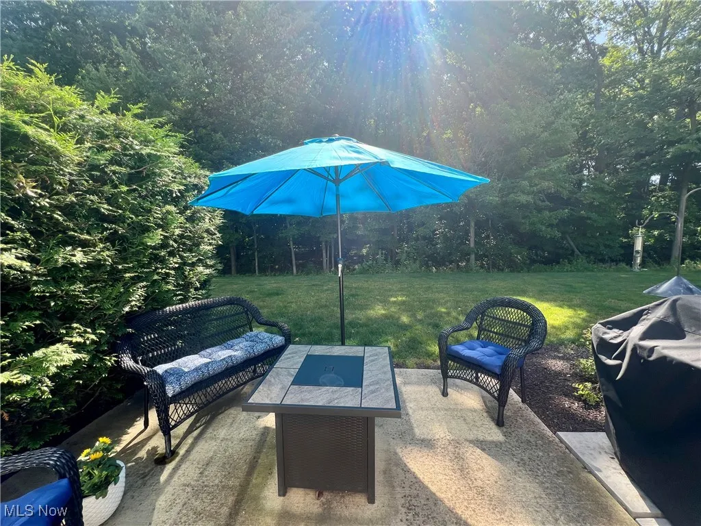 View of patio with a view of trees