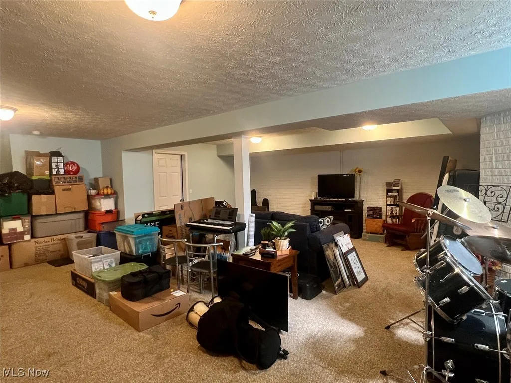 Finished basement with carpet floors and a textured ceiling