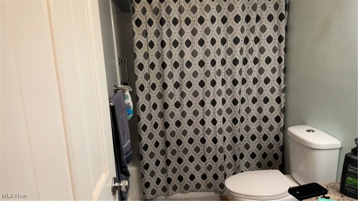 Bathroom with toilet and a shower with shower curtain