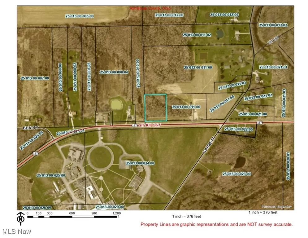 Aerial map of property and surrounding area featuring property parcel outlined