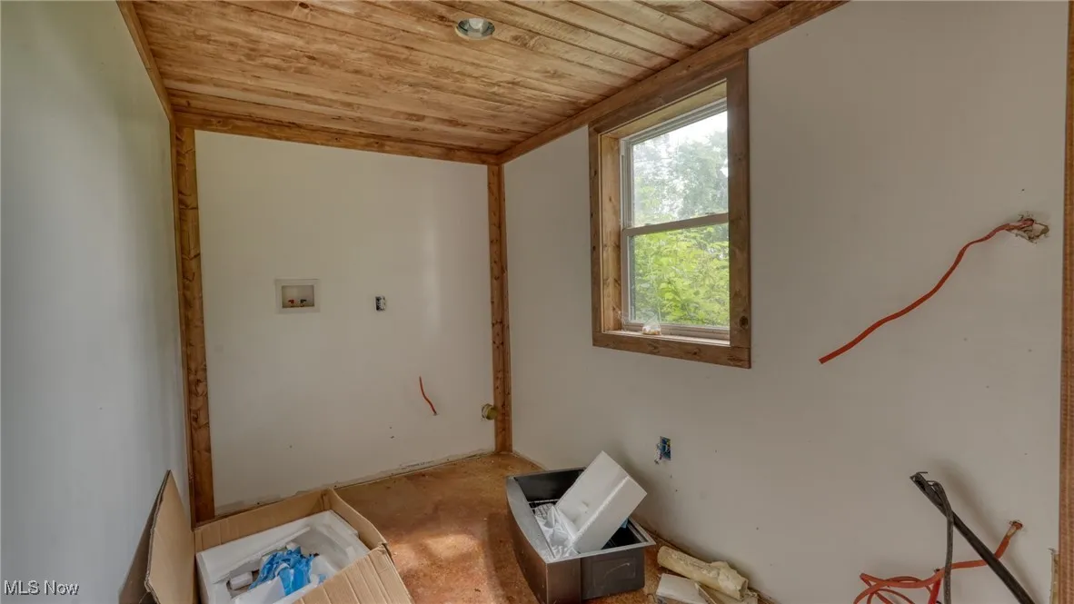 Laundry room featuring wooden ceiling and washer hookup