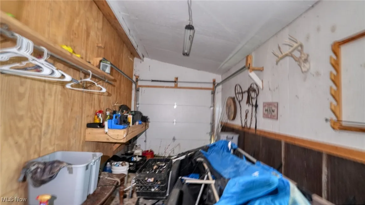 Garage featuring wood walls