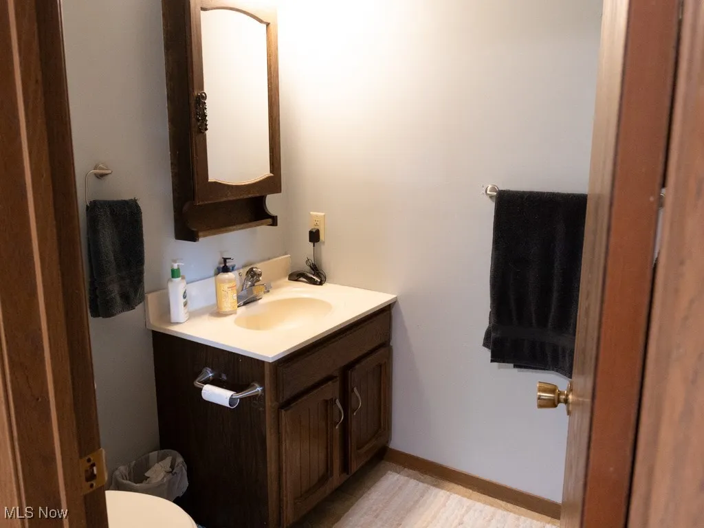 Bathroom with vanity and wood finished floors