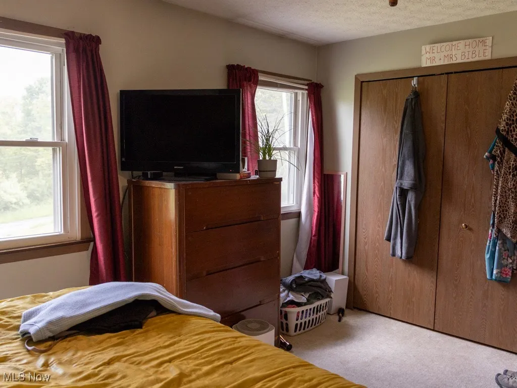 Bedroom with carpet flooring, a closet, and a textured ceiling