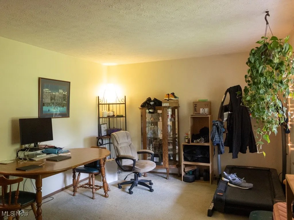 Carpeted home office with a textured ceiling