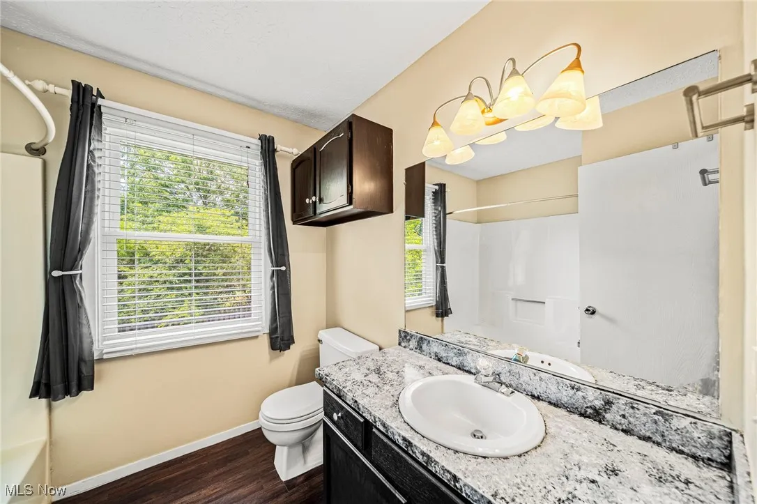 Bathroom with wood finished floors, vanity, and  shower combination