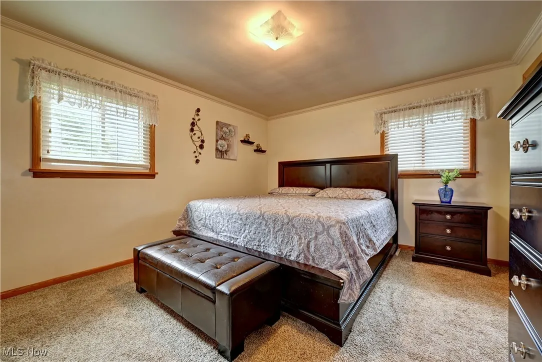 Bedroom with crown molding and carpet flooring