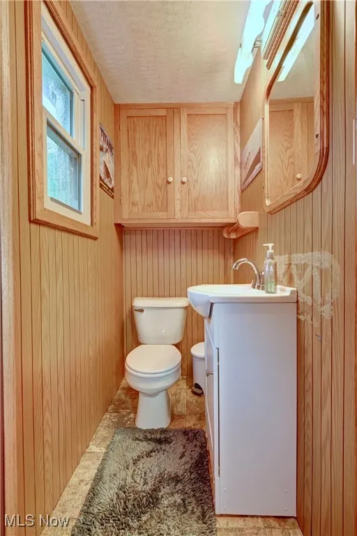 Half bathroom with vanity, wooden walls, and a textured ceiling