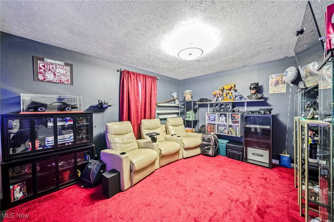 Carpeted living room with a textured ceiling