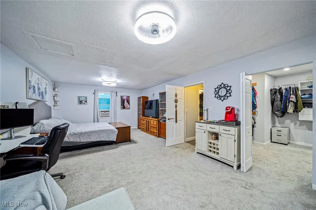 Bedroom featuring a spacious closet, a textured ceiling, attic access, light carpet, and a closet