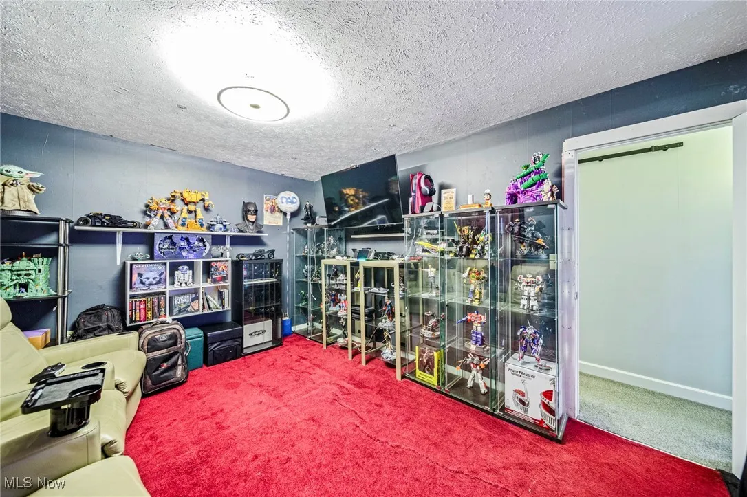 Rec room featuring carpet flooring and a textured ceiling