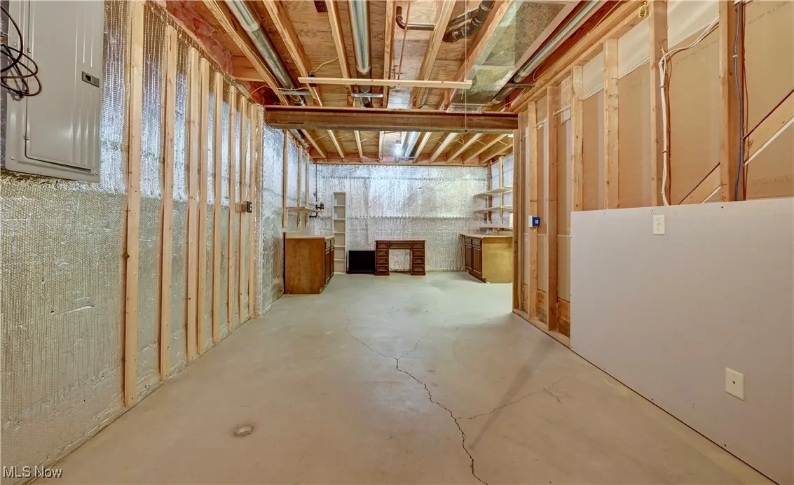 Unfinished basement with electric panel
