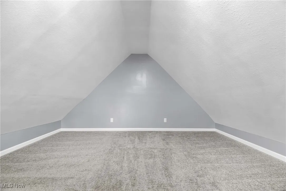 Additional living space featuring vaulted ceiling, carpet, and a textured ceiling