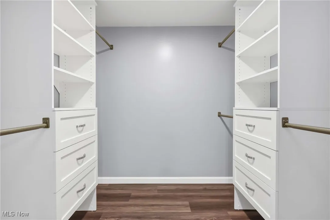 Walk in closet with dark wood-style floors