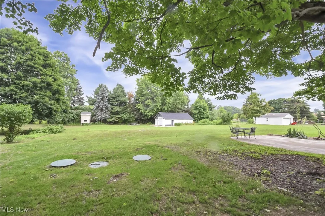 View of green lawn featuring a storage unit and view of scattered trees