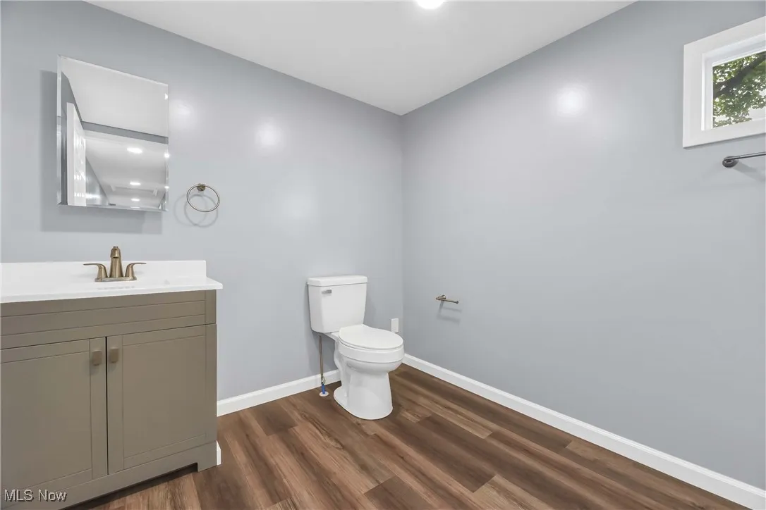 Bathroom with wood finished floors and vanity