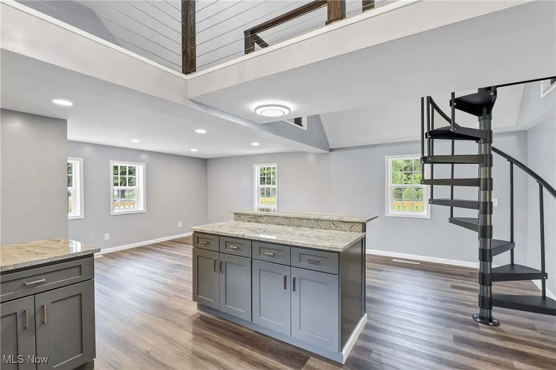 Kitchen with gray cabinetry, dark wood-type flooring, healthy amount of natural light, and recessed lighting