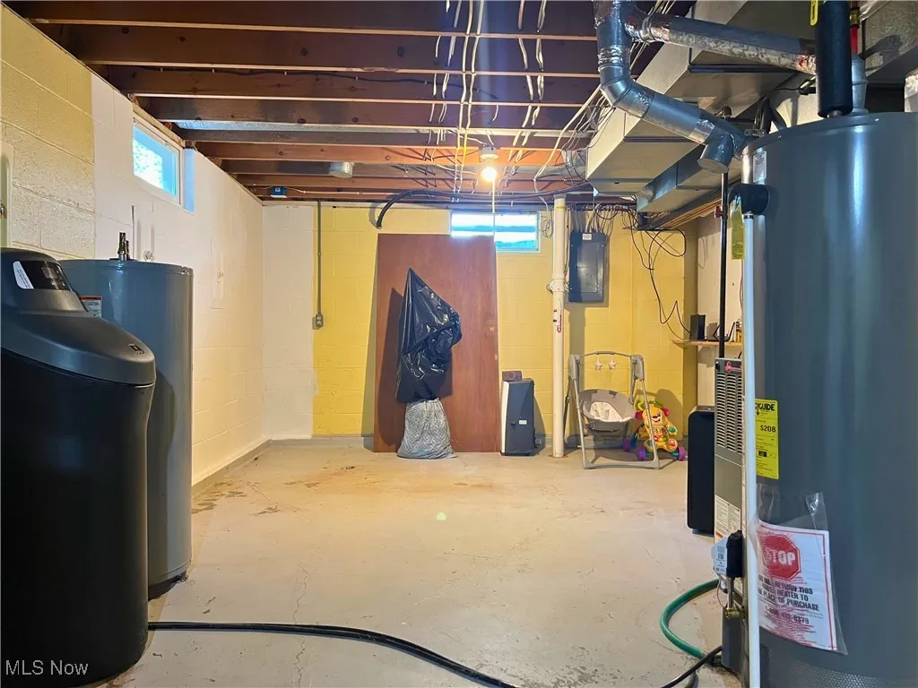 Basement with gas water heater, a water softener system, and electric panel