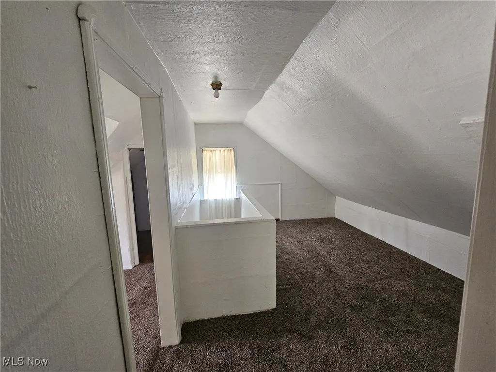 Bonus room featuring carpet floors, lofted ceiling, and a textured ceiling