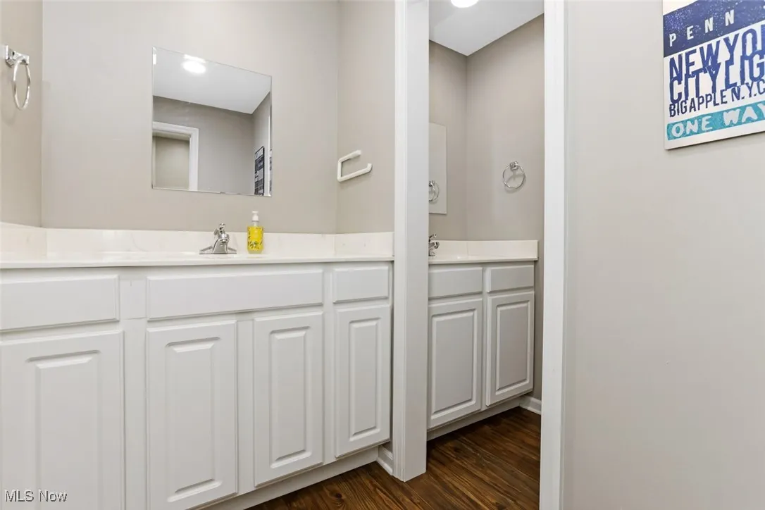 Full bathroom featuring wood finished floors and vanity