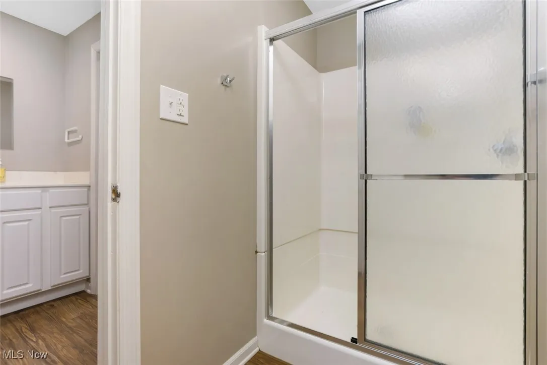 Full bathroom with a stall shower, wood finished floors, and vanity