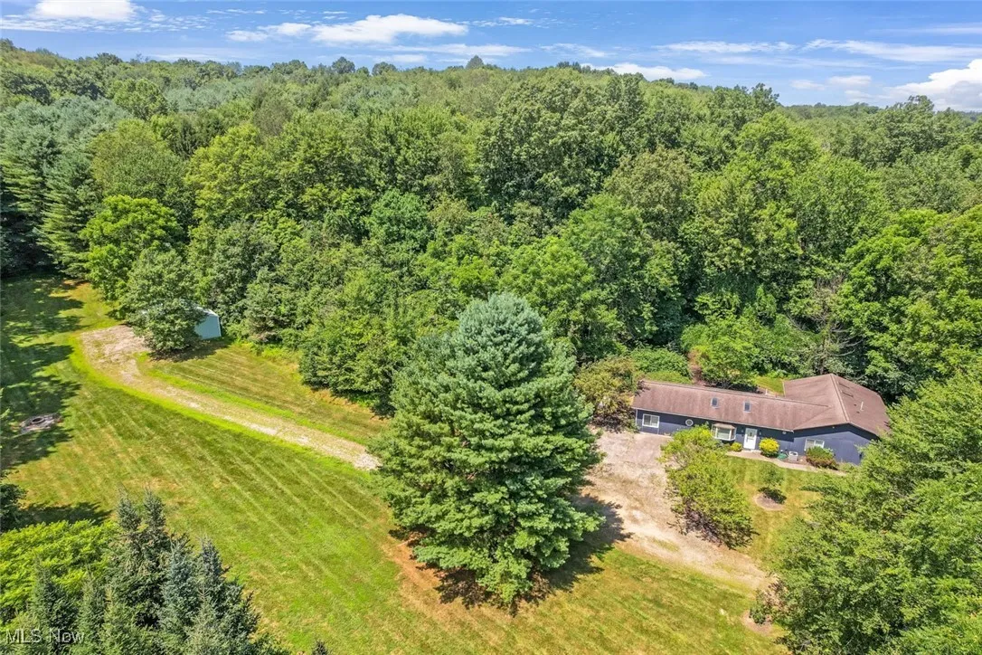 Aerial view of property and surrounding area featuring a forest