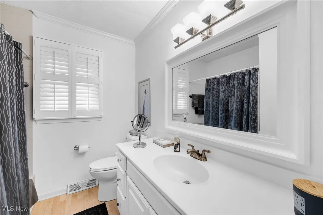 Bathroom with ornamental molding, vanity, wood finished floors, plenty of natural light, and shower / bath combo with shower curtain