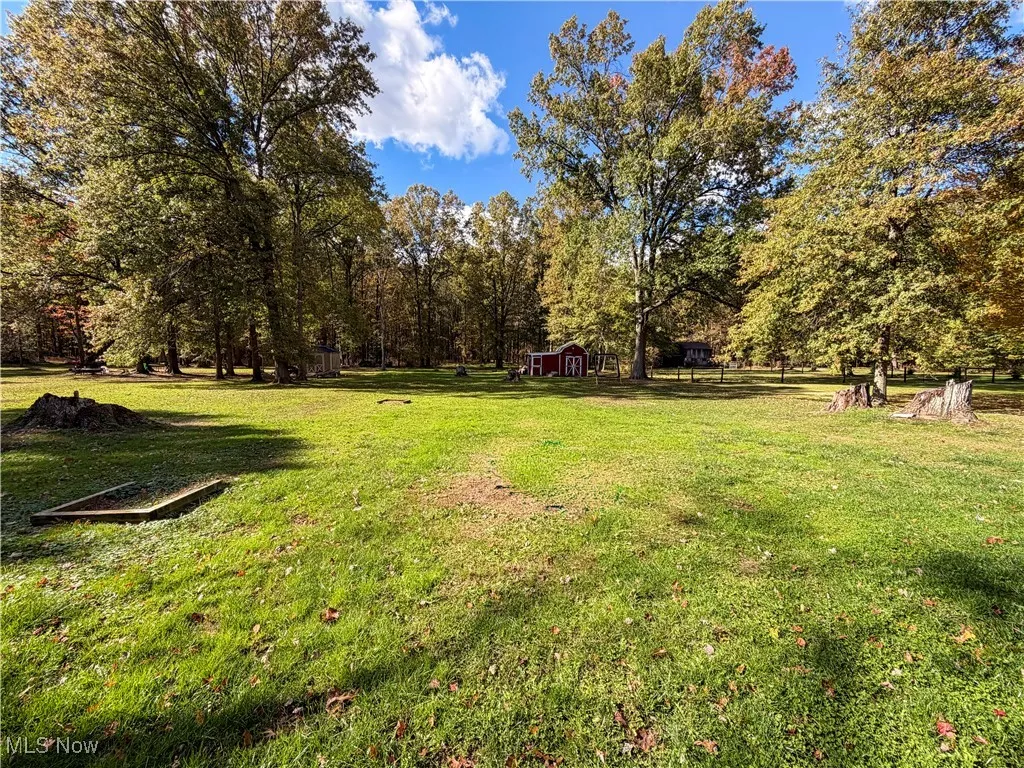 View of grassy yard with an outbuilding and view of wooded area