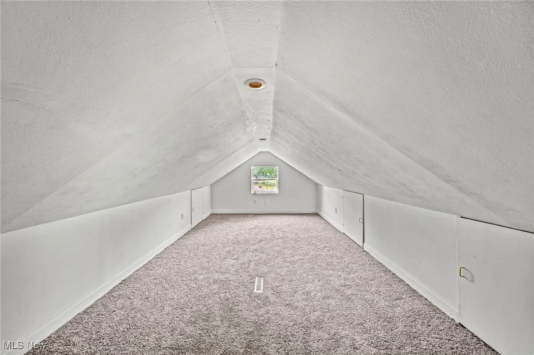 Additional living space with a textured ceiling, carpet floors, and vaulted ceiling