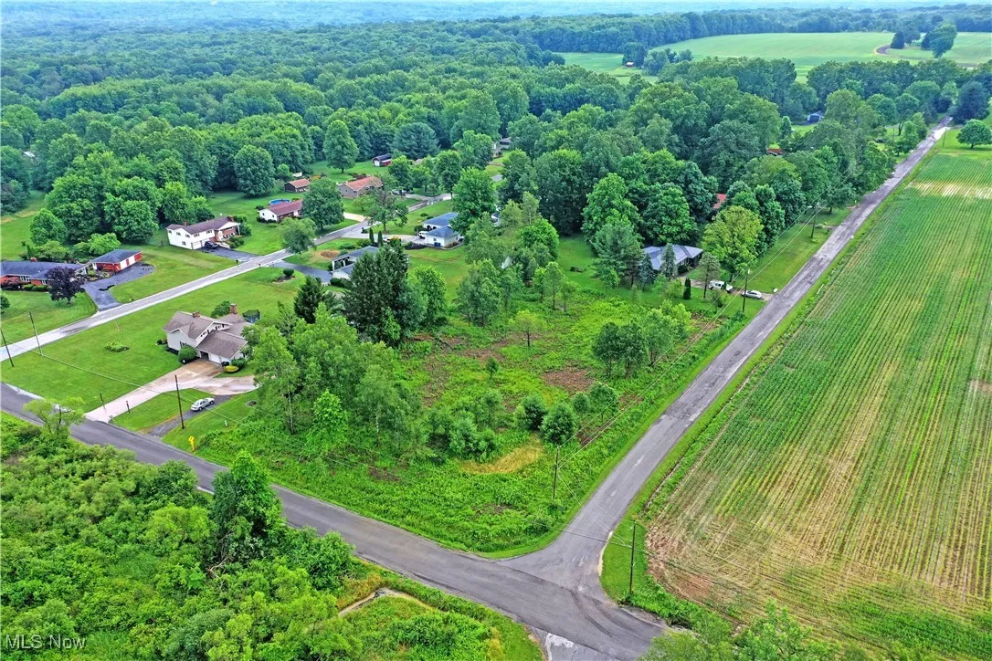 Aerial overview of property's location with a heavily wooded area