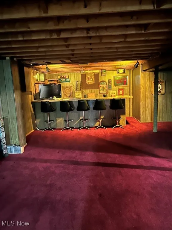 Finished basement featuring wooden walls, a community bar, and carpet
