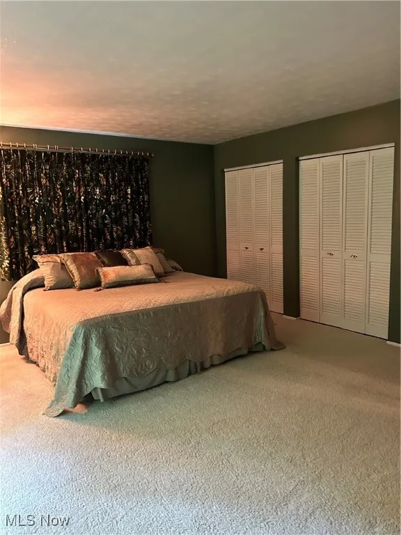 Carpeted bedroom featuring two closets