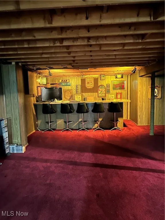 Finished below grade area featuring carpet flooring, wood walls, and bar area