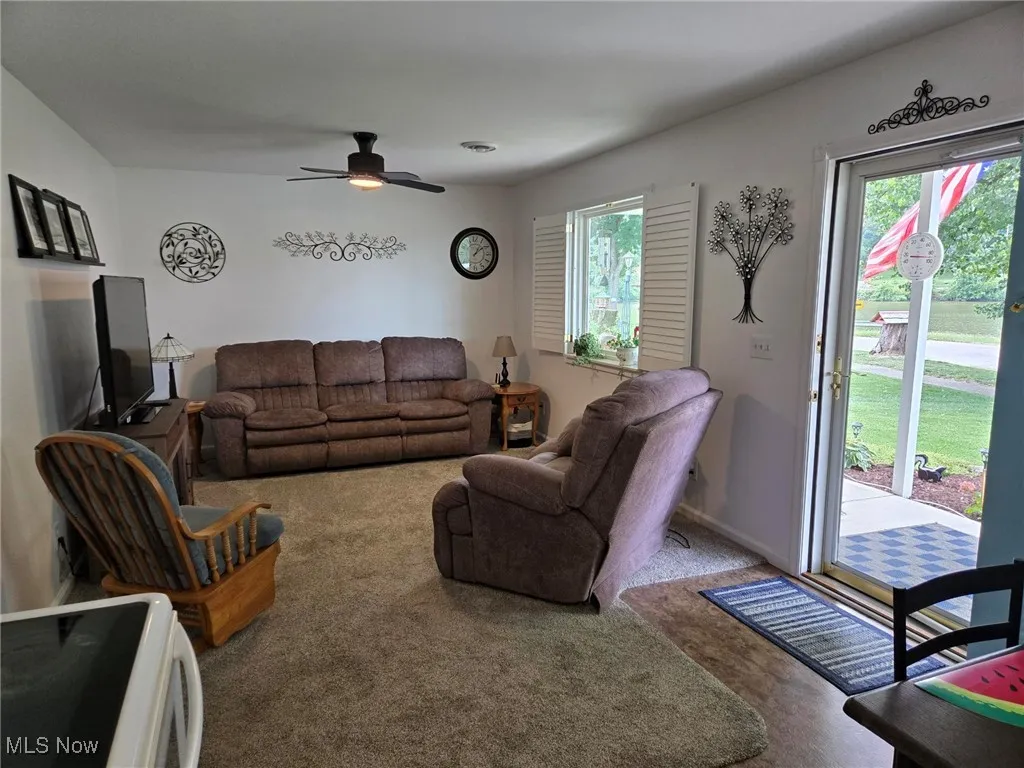 Carpeted living area with plenty of natural light and ceiling fan