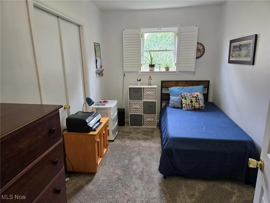 Carpeted bedroom with a closet