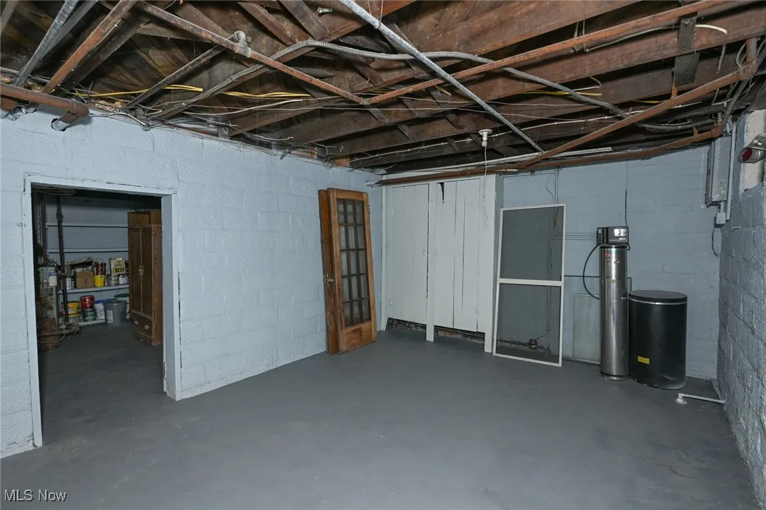 Unfinished basement featuring concrete block wall and a water softener system