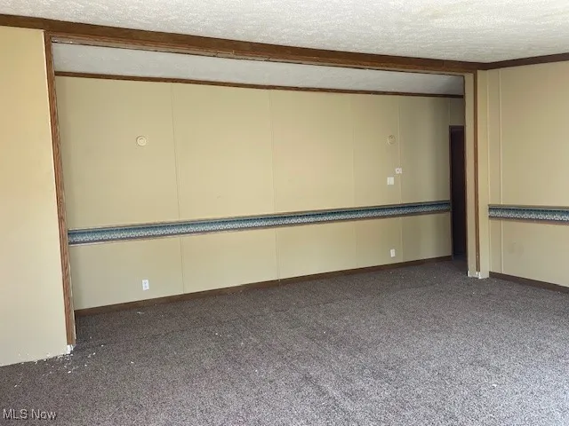 Carpeted empty room with a textured ceiling