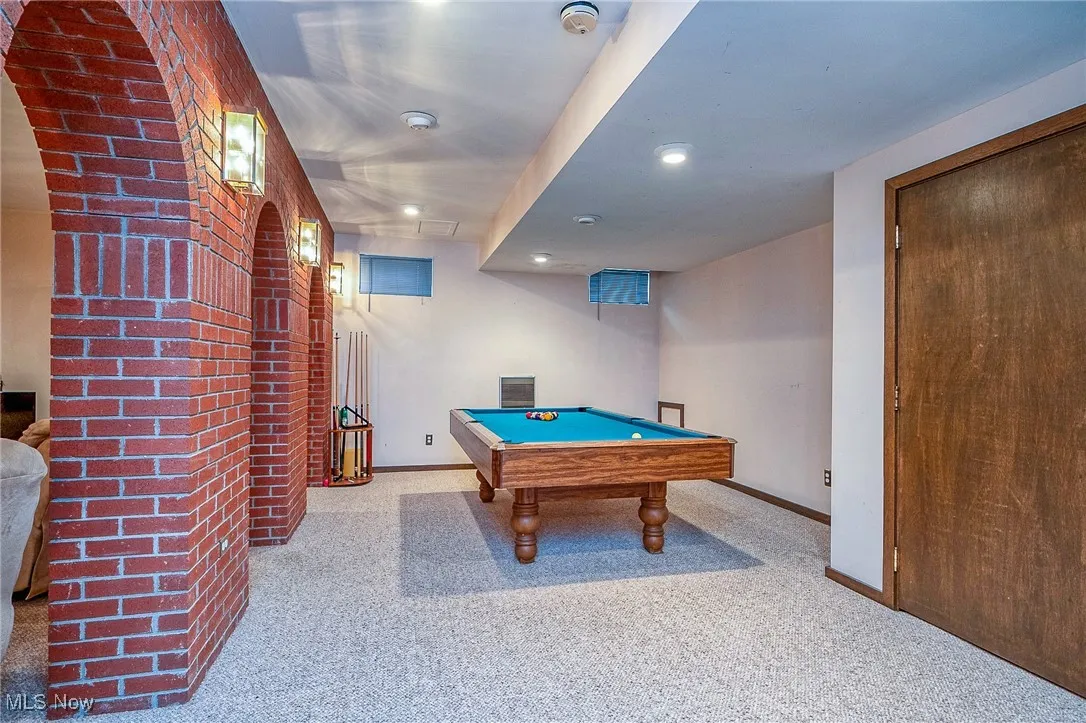 Game room with carpet, pool table, and recessed lighting