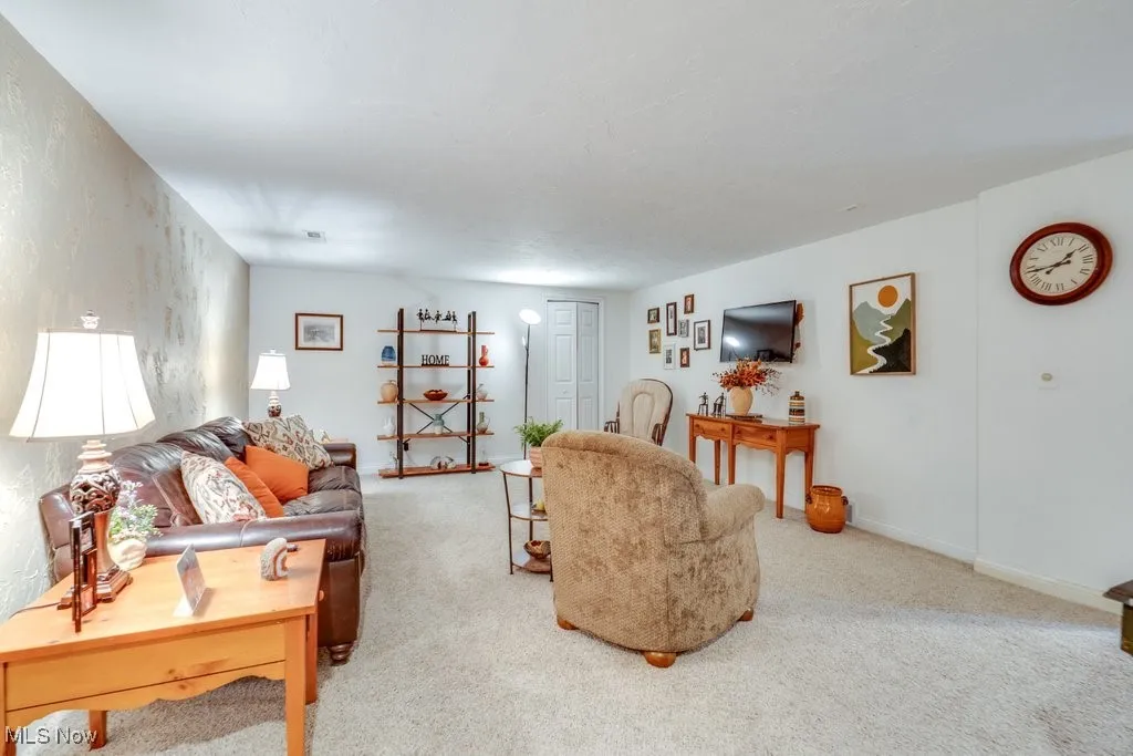 Living area with carpet floors and baseboards