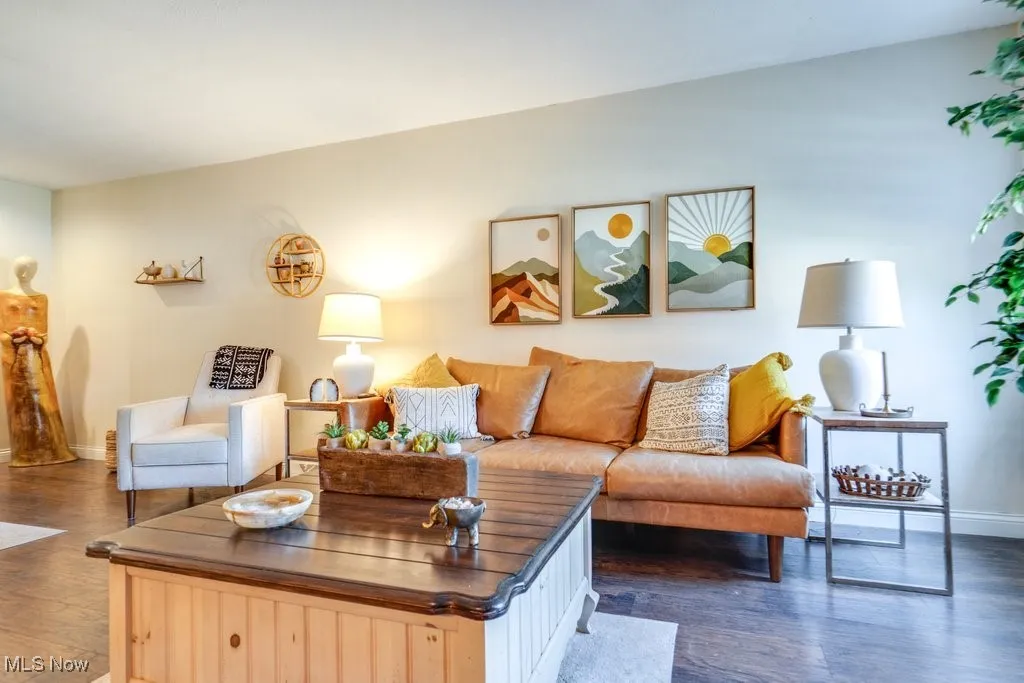 Living area featuring dark wood-style floors and baseboards