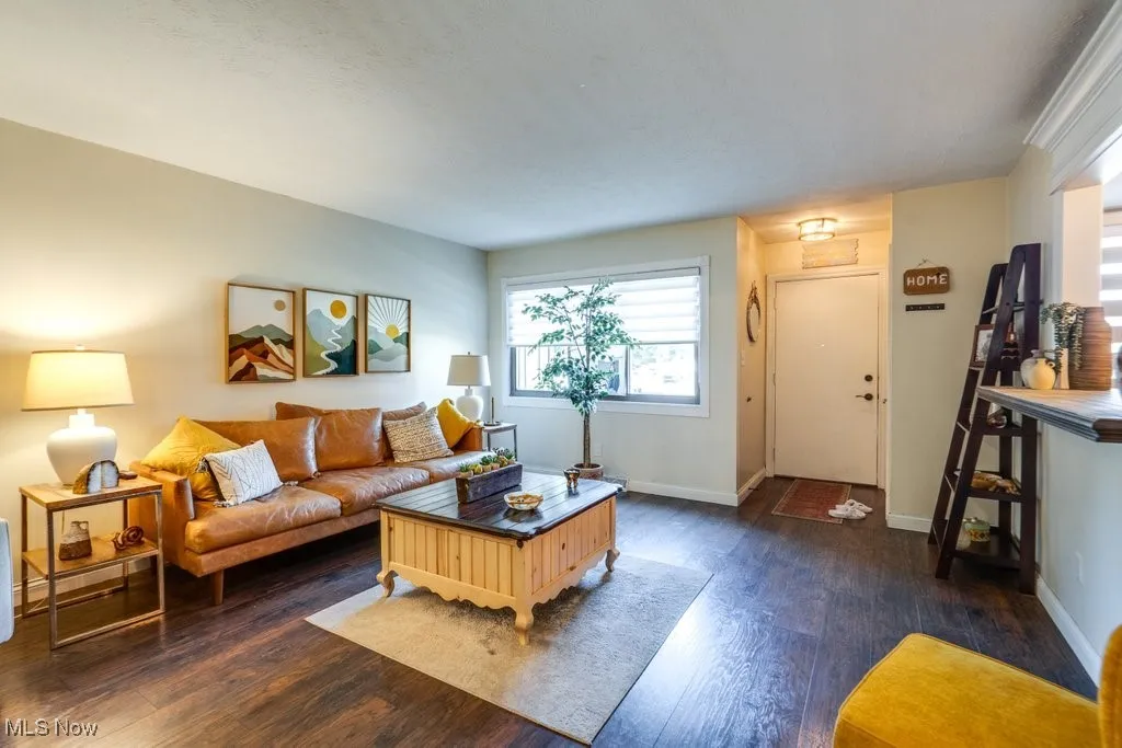Living room featuring dark wood-type flooring