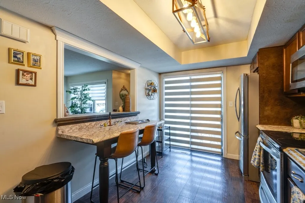 Kitchen with stainless steel appliances, dark wood-style floors, and a tray ceiling