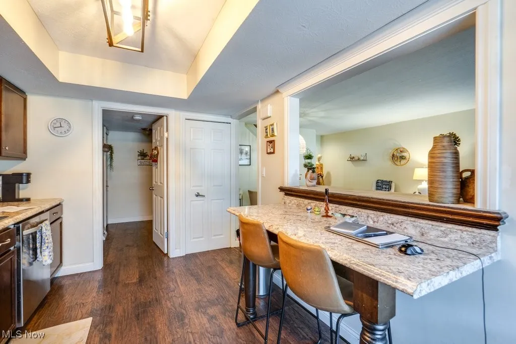 Kitchen featuring a kitchen bar, dishwasher, dark wood-style floors, light stone countertops, and a tray ceiling