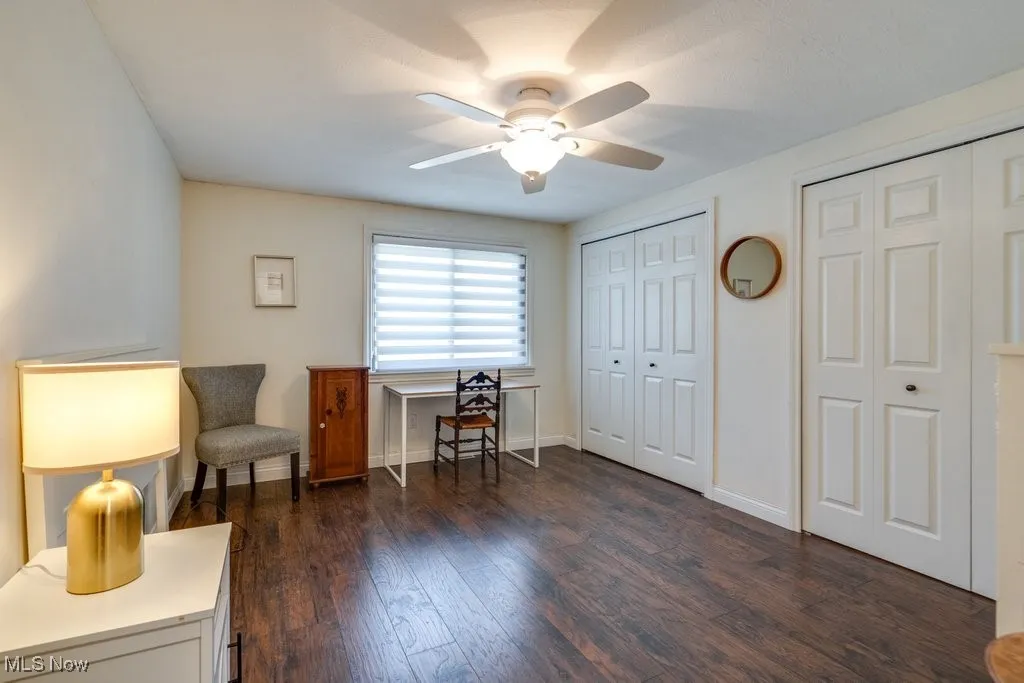Living area featuring ceiling fan and dark wood-style floors
