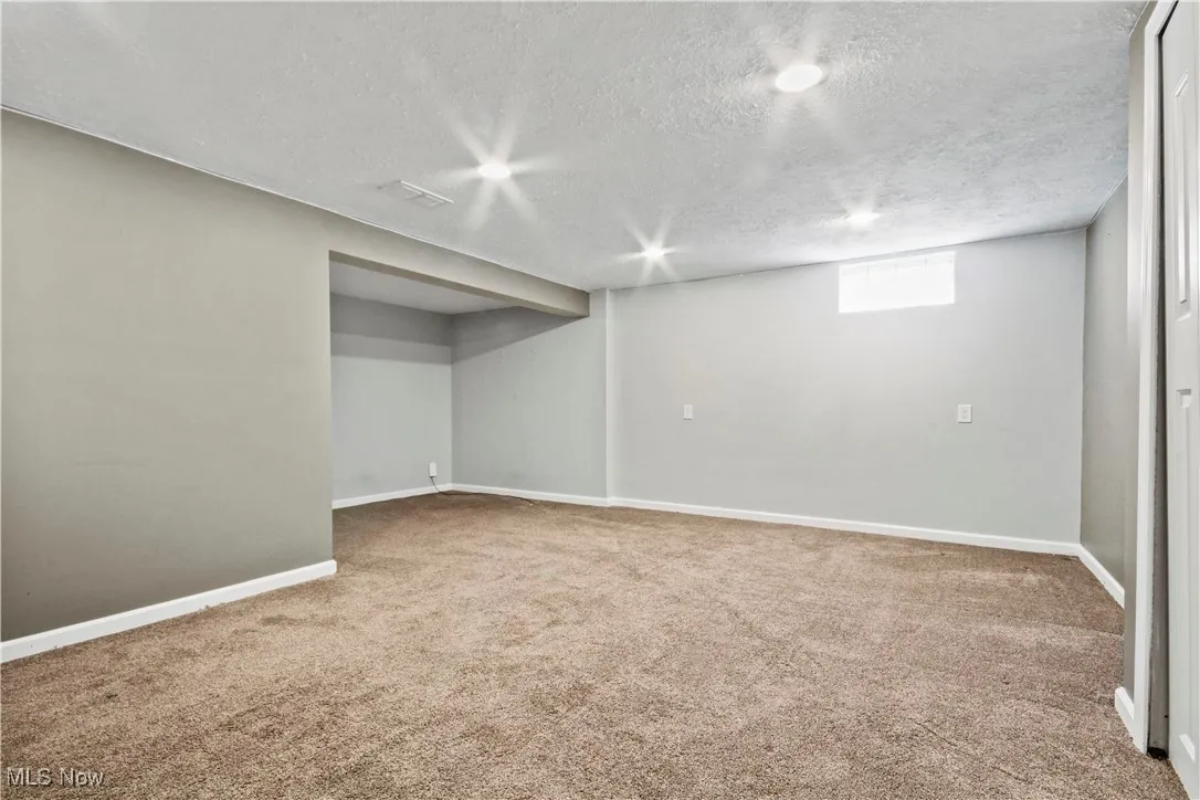 Below grade area featuring carpet floors and a textured ceiling